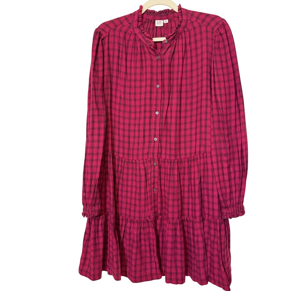 Gap Burgundy Plaid Tiered Mini Dress Long Sleeve Button Front S Cottage Academia